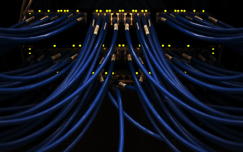 Network cables connected in a server rack