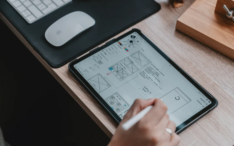 Designer sketching app wireframes on a tablet with a stylus
