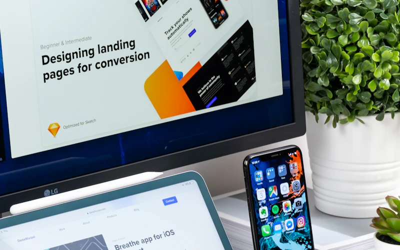 Landing page design shown on a desktop monitor, tablet and phone